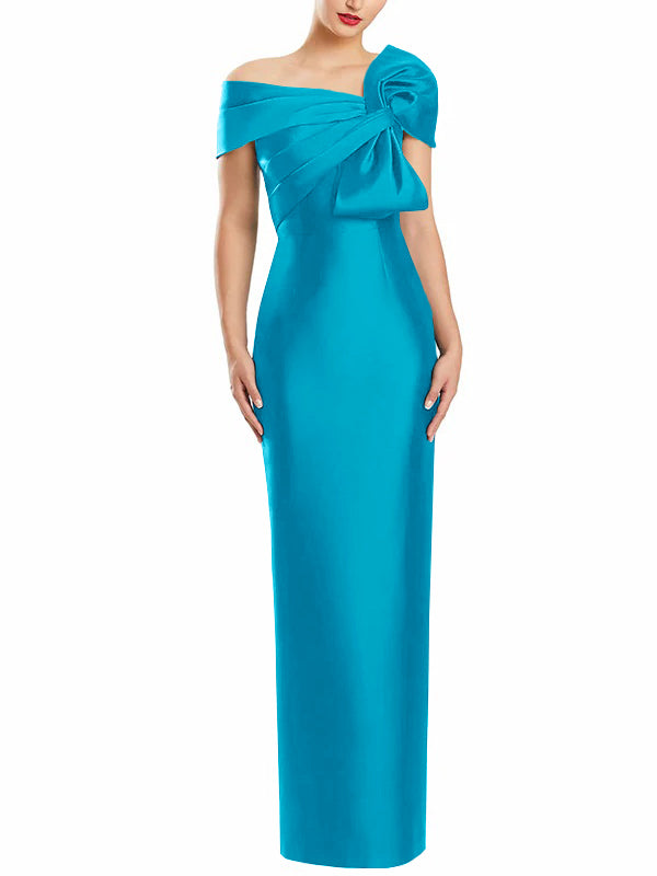 One Shoulder Long Mother of the Bride Gown with Bow in Sheath Column Style