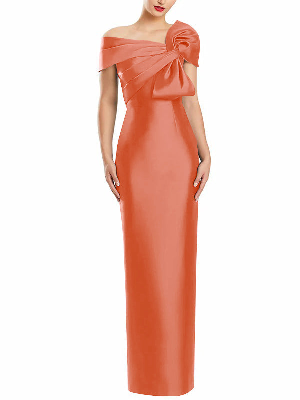 One Shoulder Long Mother of the Bride Gown with Bow in Sheath Column Style