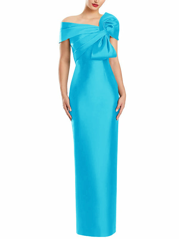 One Shoulder Long Mother of the Bride Gown with Bow in Sheath Column Style