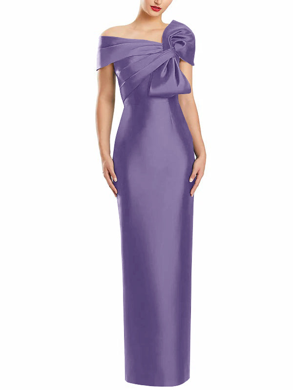 One Shoulder Long Mother of the Bride Gown with Bow in Sheath Column Style