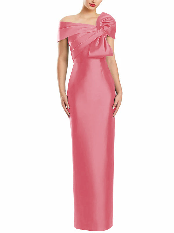 One Shoulder Long Mother of the Bride Gown with Bow in Sheath Column Style