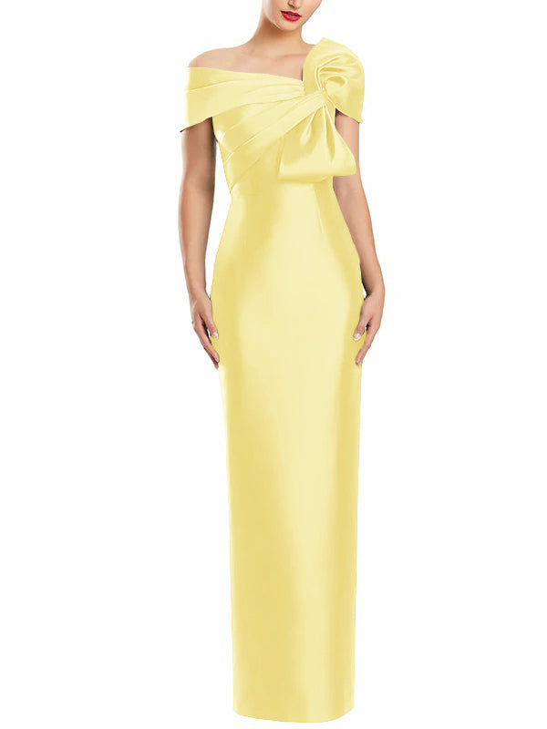 One Shoulder Long Mother of the Bride Gown with Bow in Sheath Column Style