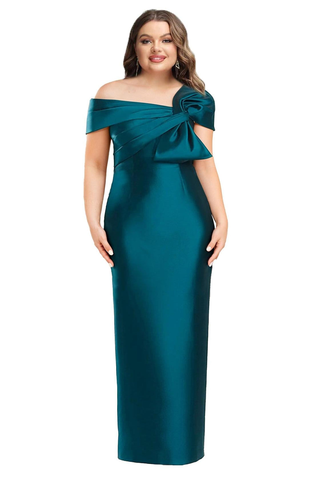 One Shoulder Long Plus Size Mother of the Bride Sheath Dress with Bow