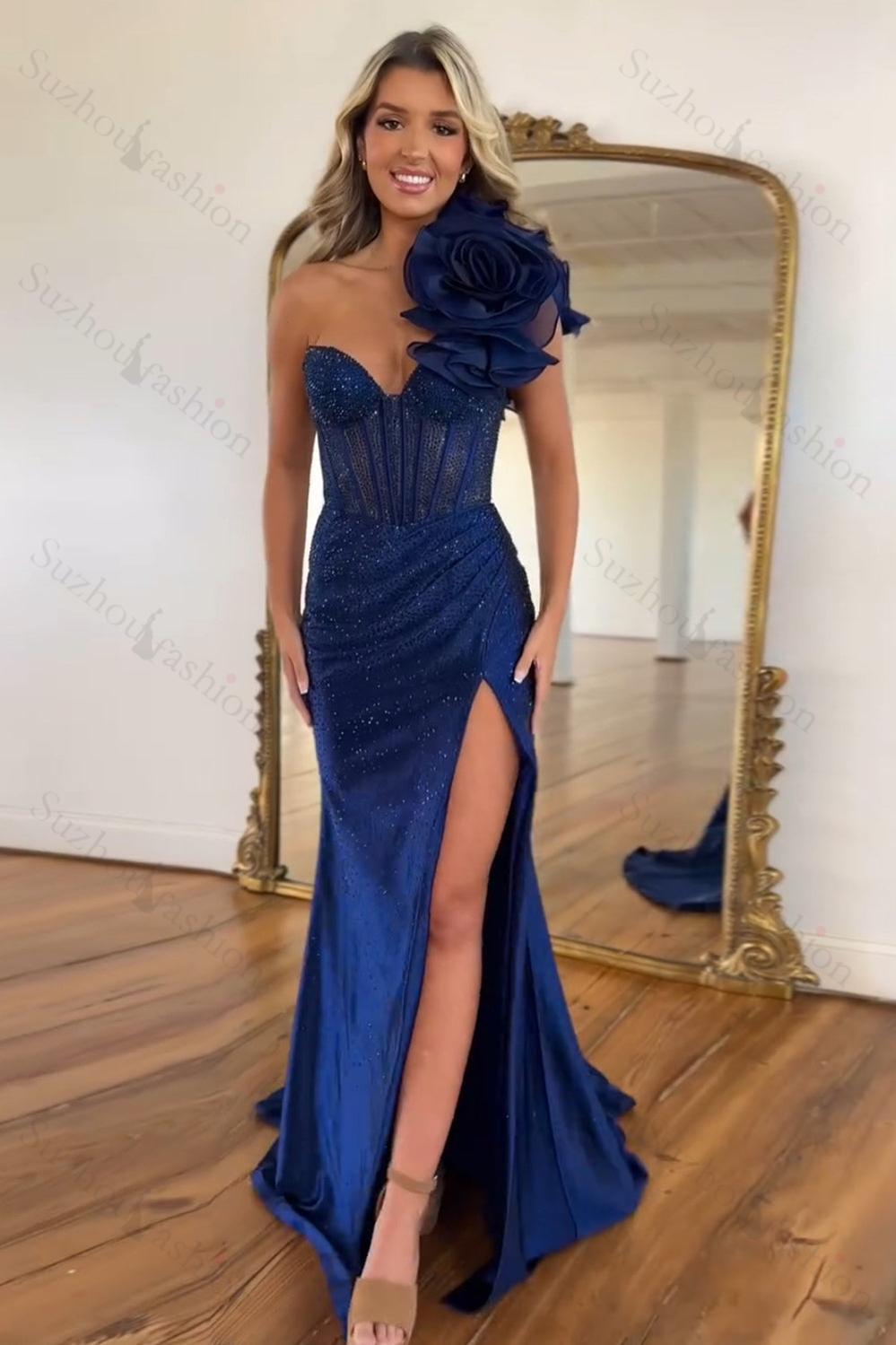 One Shoulder Floral Blush Prom Dress Corset Formal Dress With Slit
