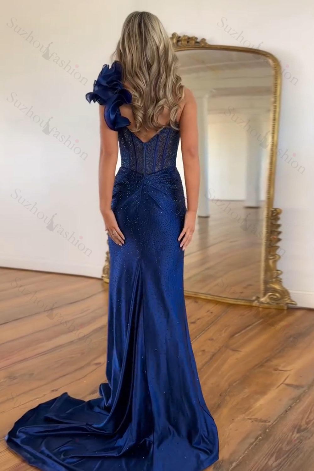 One Shoulder Floral Blush Prom Dress Corset Formal Dress With Slit