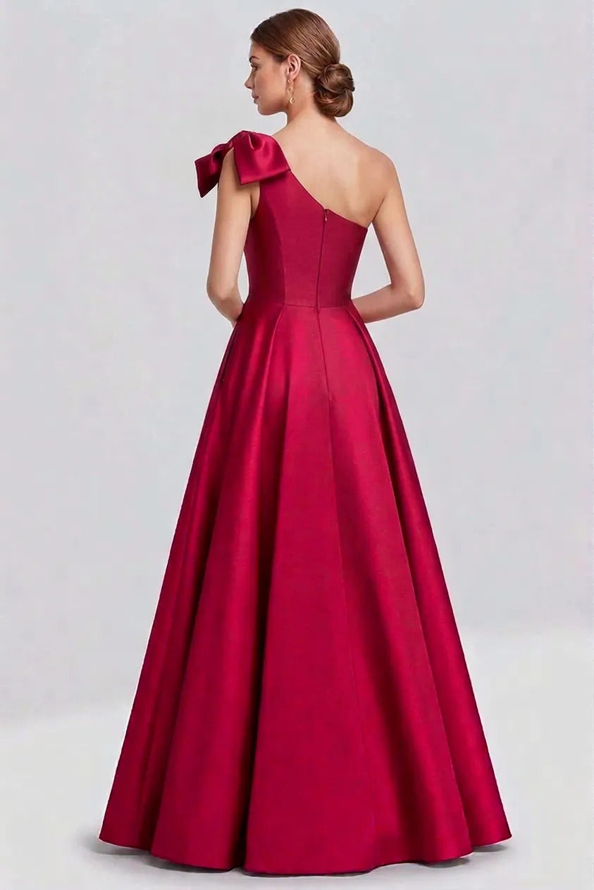 One Shoulder Fuchsia Wedding Guest Dress A Line Satin Long Formal Dress Bow