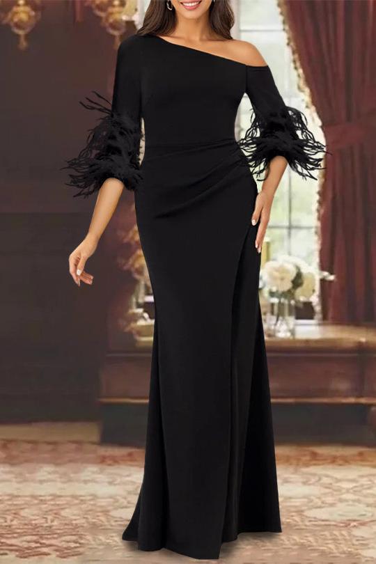 One Shoulder Long Sleeve Chiffon Trumpet Mermaid Mother of the Bride Dress with Feathers
