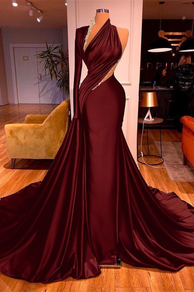 One Shoulder Long Sleeve Prom Dress Mermaid Evening Formal Dress with Beads