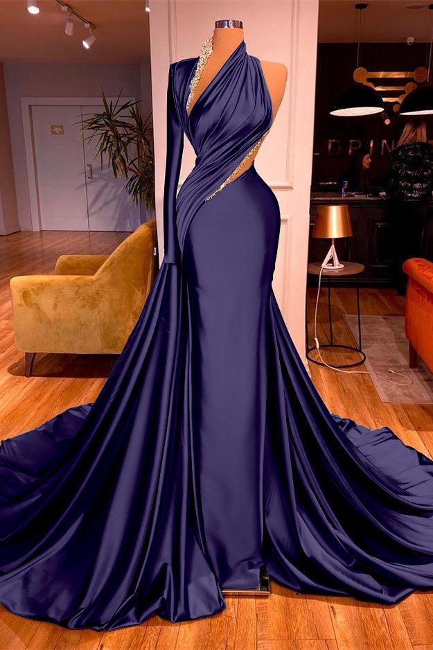 One Shoulder Long Sleeve Prom Dress Mermaid Evening Formal Dress with Beads