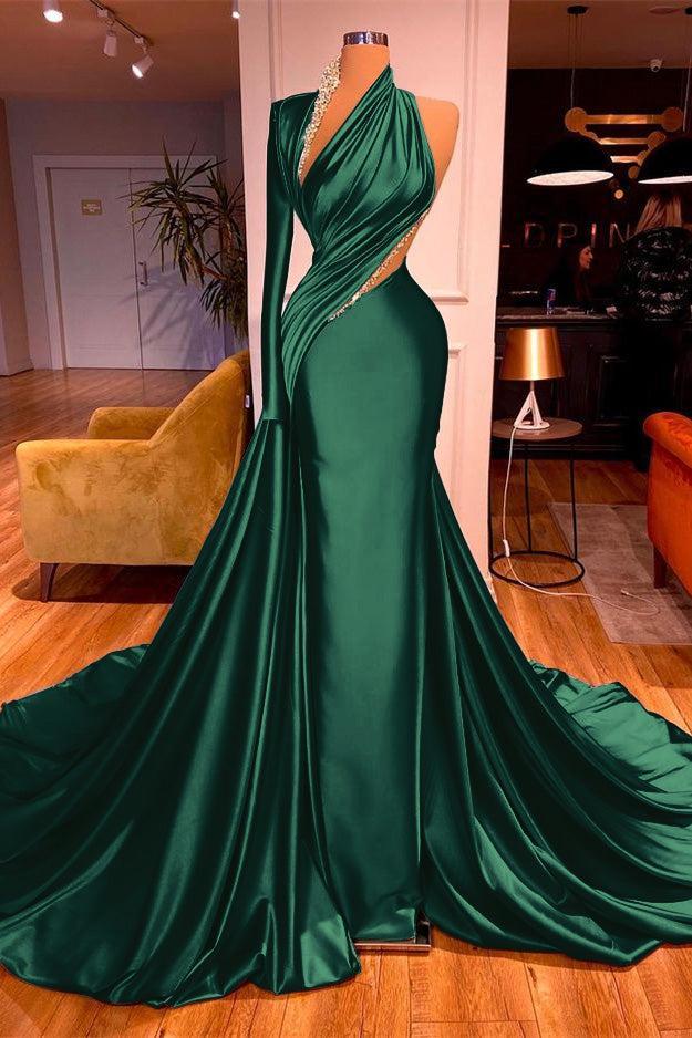 One Shoulder Long Sleeve Prom Dress Mermaid Evening Formal Dress with Beads