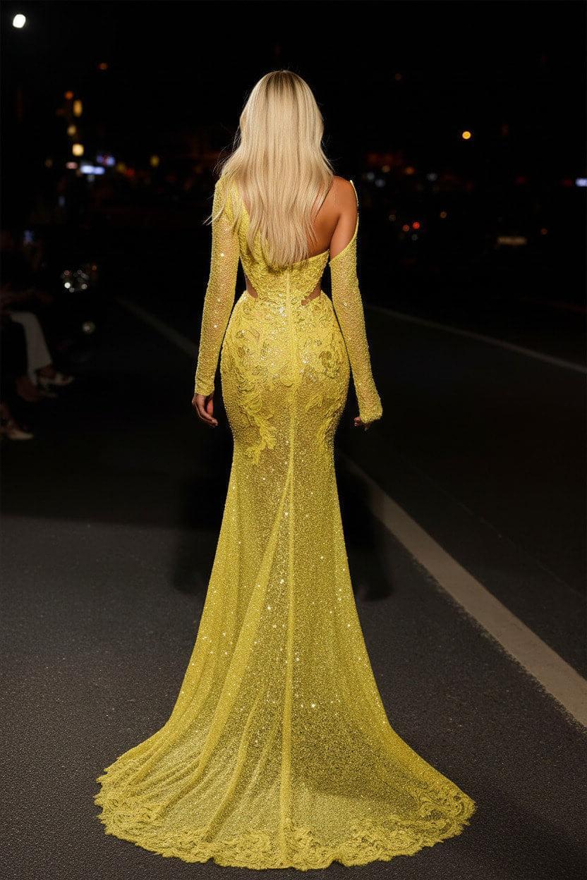 One Shoulder Long Sleeves Long Mermaid Evening Formal Dress With Split