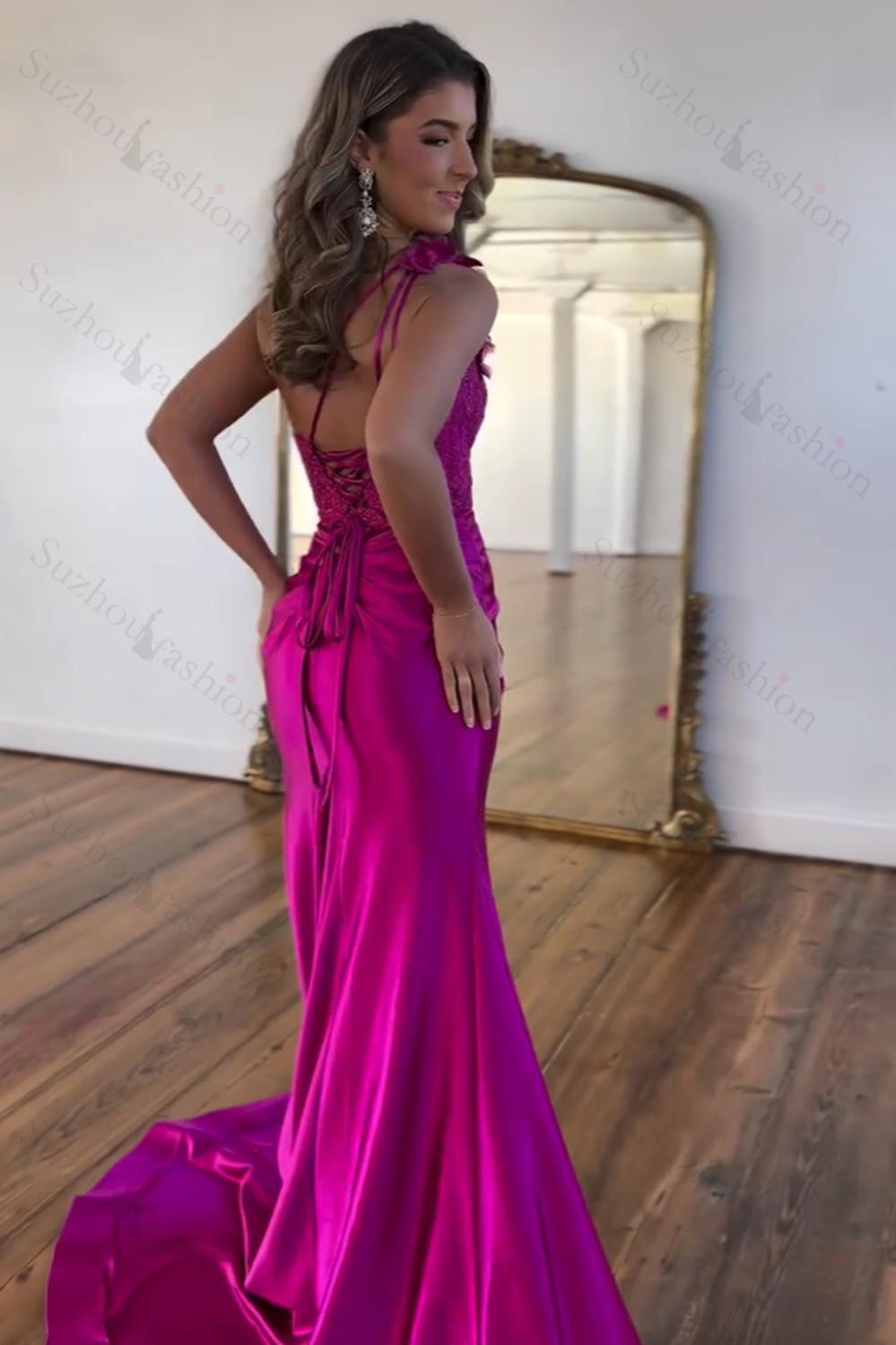 One Shoulder Mermaid Royal Blue Prom Dress Satin Long Formal Dress With Slit
