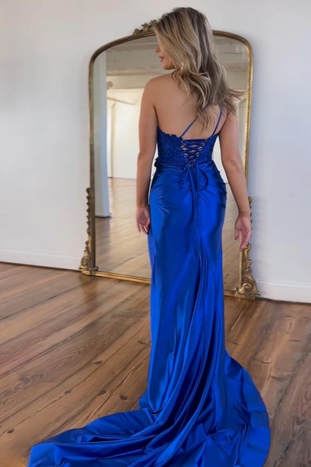 One Shoulder Mermaid Royal Blue Prom Dress Satin Long Formal Dress With Slit