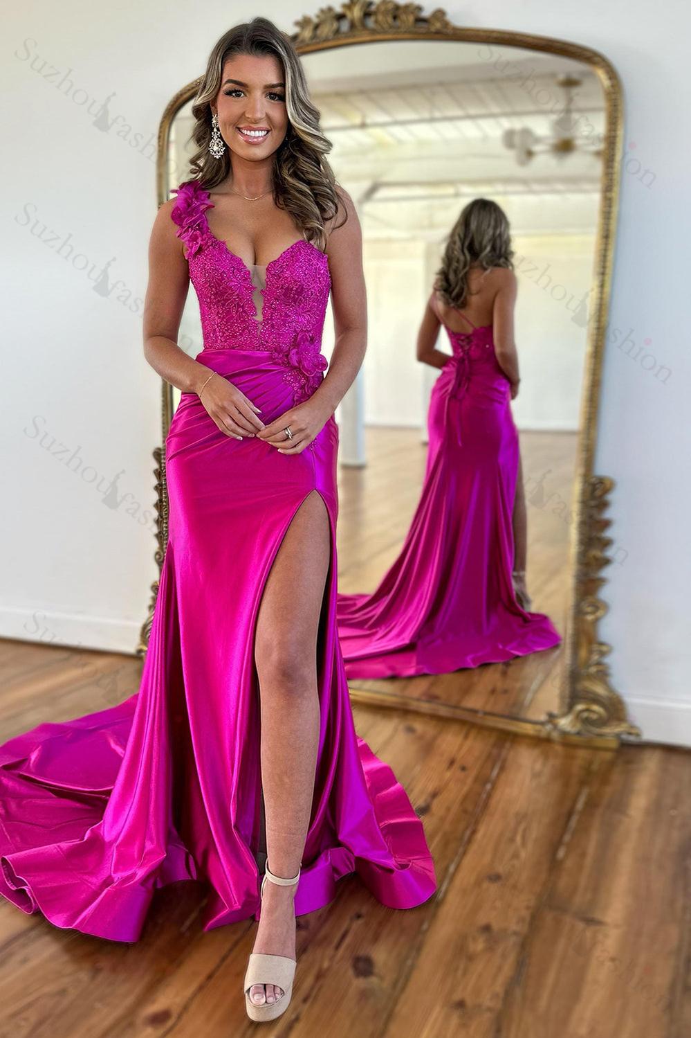 One Shoulder Mermaid Royal Blue Prom Dress Satin Long Formal Dress With Slit