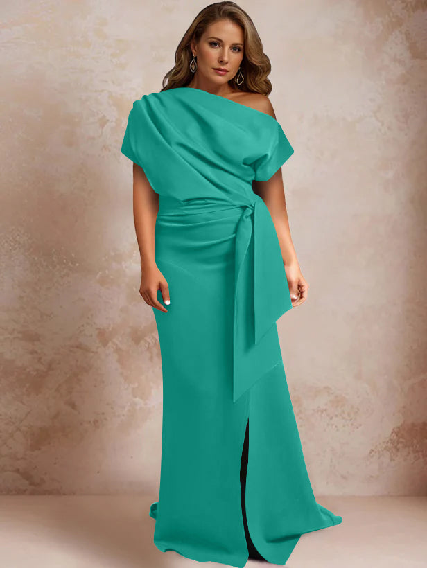 One Shoulder Mermaid Trumpet Gown with Ruffles and Side Split for Plus Size Mothers of the Bride