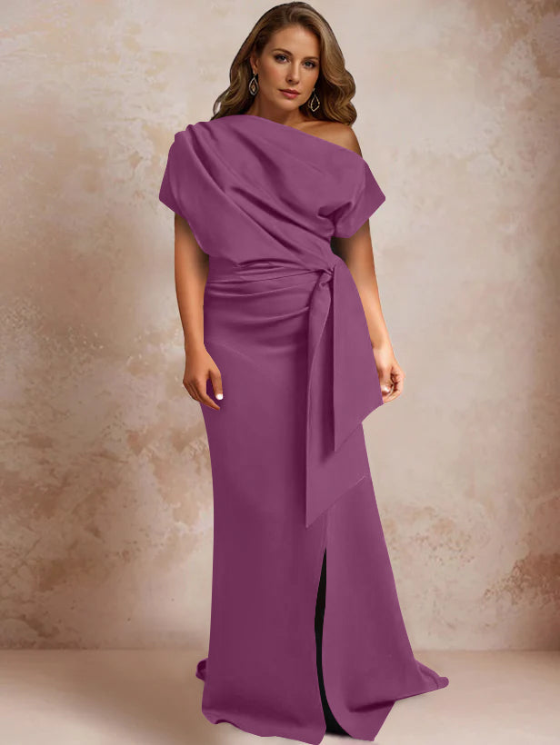 One Shoulder Mermaid Trumpet Gown with Ruffles and Side Split for Plus Size Mothers of the Bride