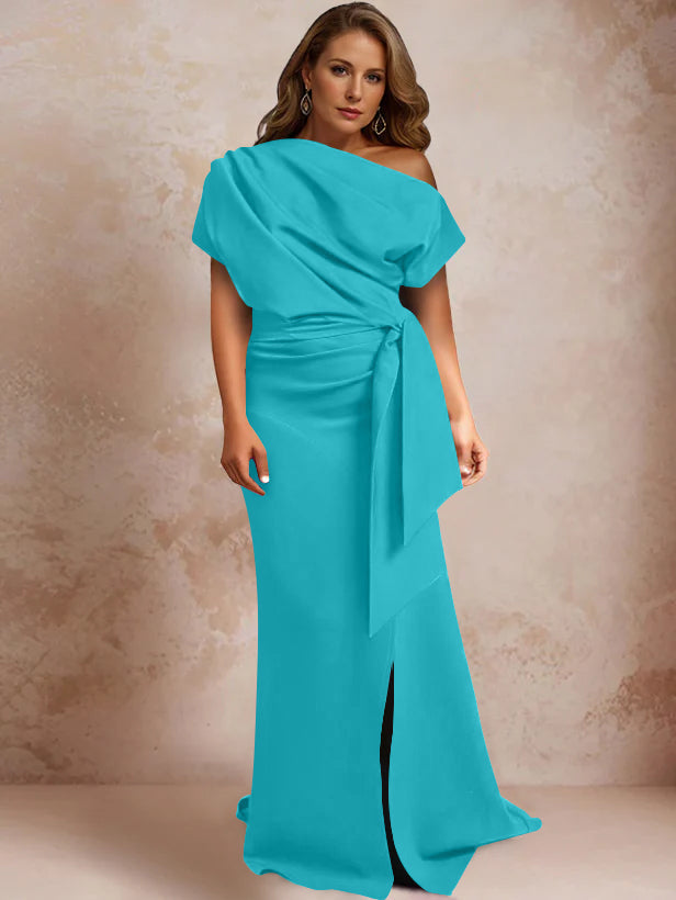 One Shoulder Mermaid Trumpet Gown with Ruffles and Side Split for Plus Size Mothers of the Bride