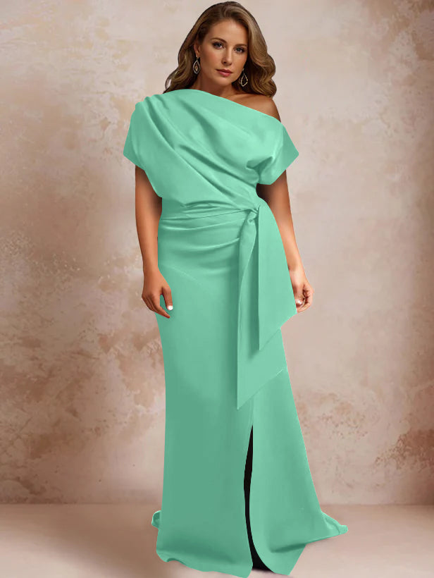 One Shoulder Mermaid Trumpet Gown with Ruffles and Side Split for Plus Size Mothers of the Bride