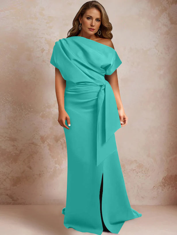 One Shoulder Mermaid Trumpet Gown with Ruffles and Side Split for Plus Size Mothers of the Bride