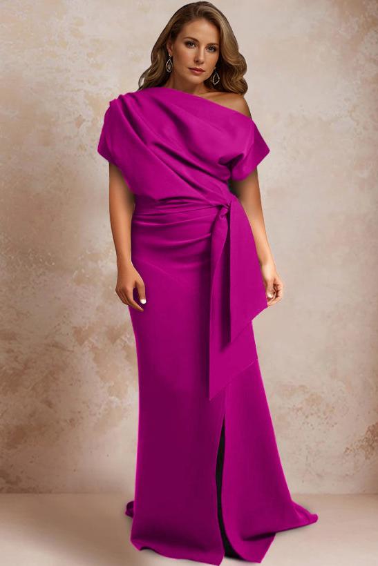 One Shoulder Mermaid Trumpet Gown with Ruffles and Side Split for Plus Size Mothers of the Bride