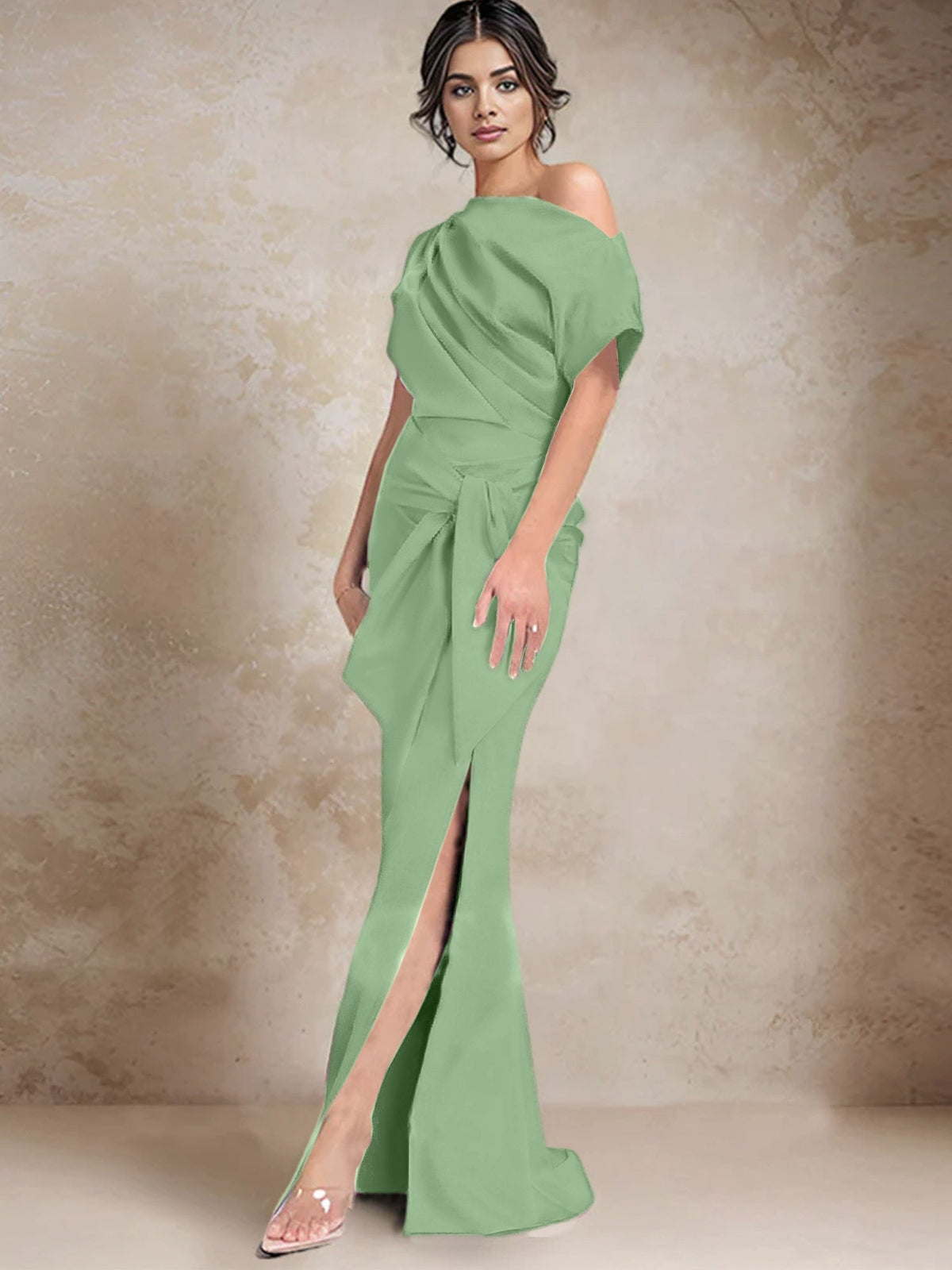 One Shoulder Mermaid Trumpet Mother of the Bride Dress Featuring a Side Split