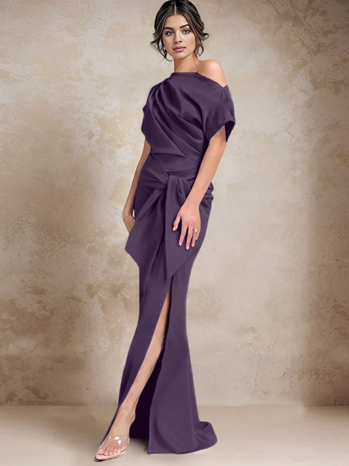 One Shoulder Mermaid Trumpet Mother of the Bride Dress Featuring a Side Split