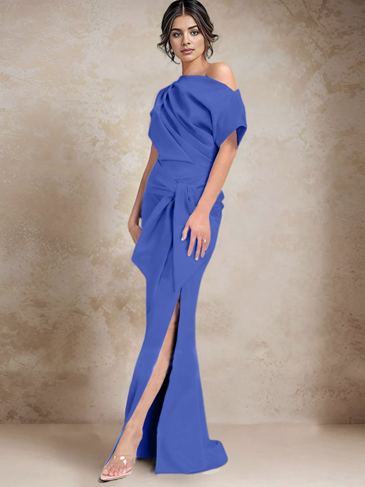 One Shoulder Mermaid Trumpet Mother of the Bride Dress Featuring a Side Split
