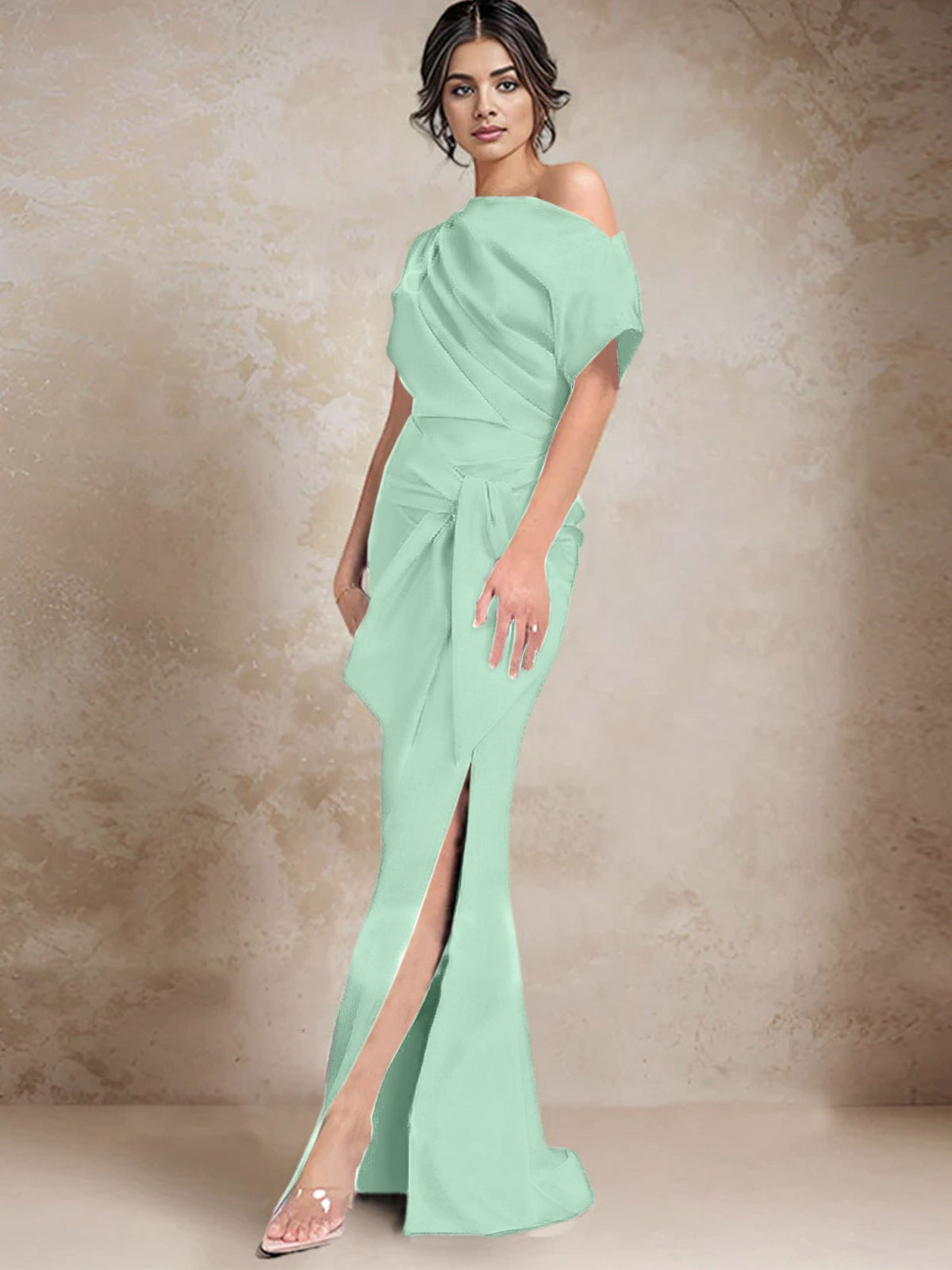 One Shoulder Mermaid Trumpet Mother of the Bride Dress Featuring a Side Split