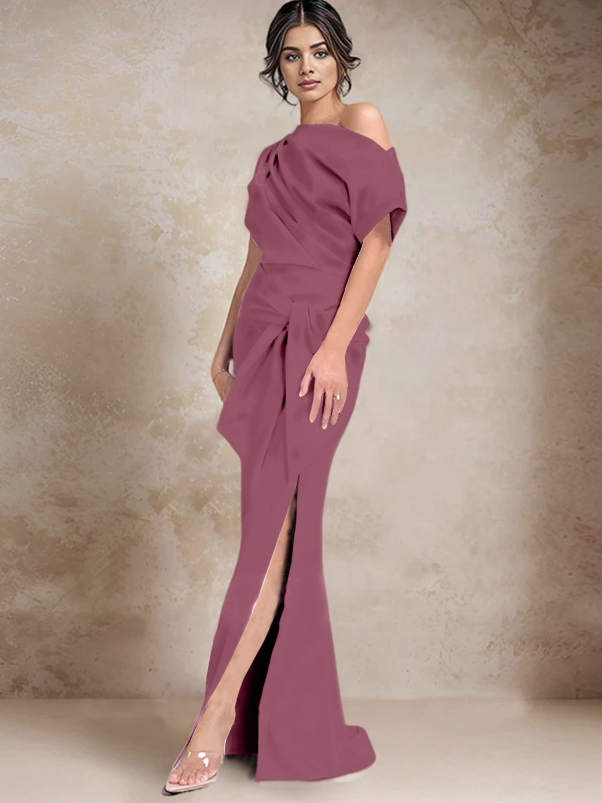One Shoulder Mermaid Trumpet Mother of the Bride Dress Featuring a Side Split
