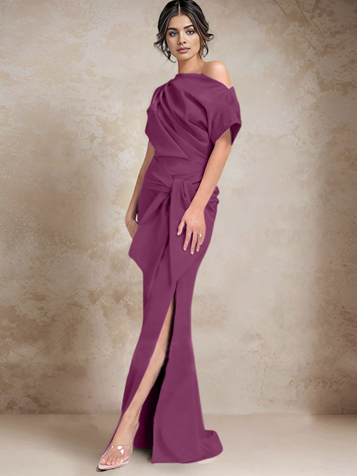 One Shoulder Mermaid Trumpet Mother of the Bride Dress Featuring a Side Split