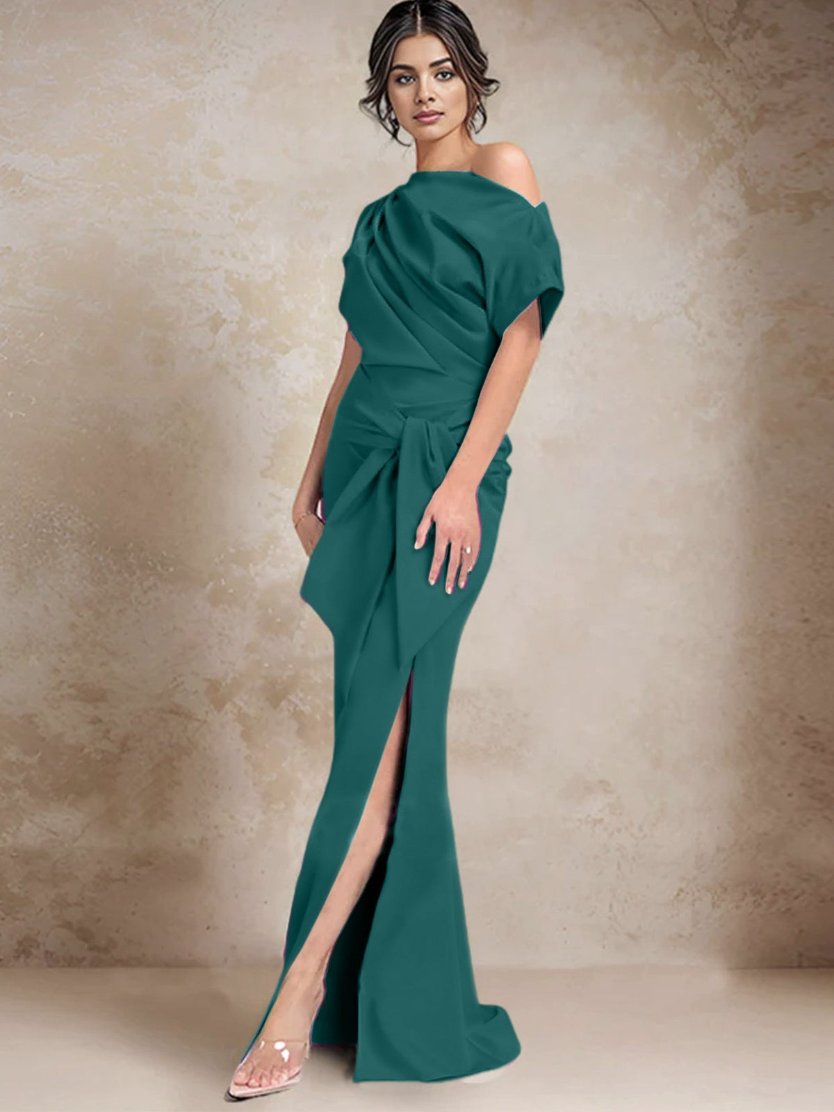 One Shoulder Mermaid Trumpet Mother of the Bride Dress Featuring a Side Split