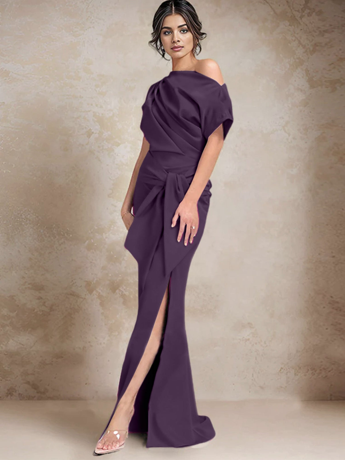 One Shoulder Mermaid Trumpet Mother of the Bride Dress Featuring a Side Split