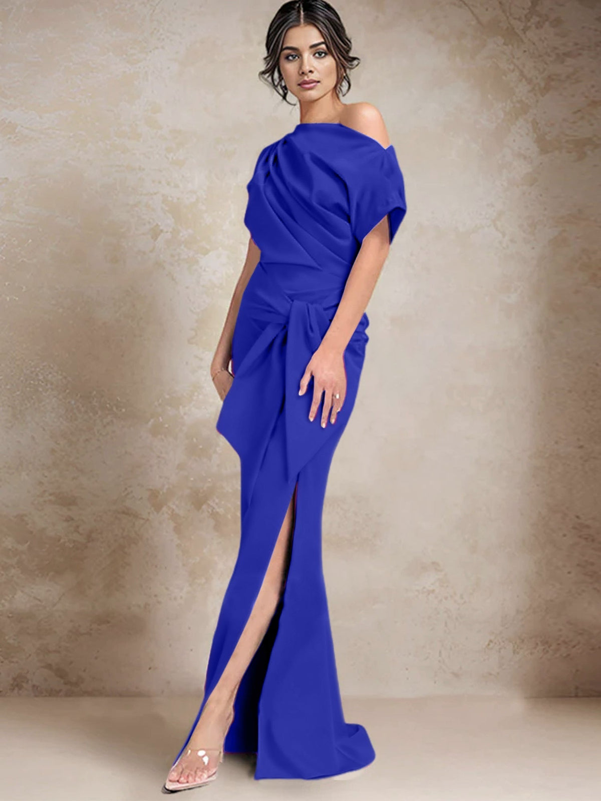 One Shoulder Mermaid Trumpet Mother of the Bride Dress Featuring a Side Split