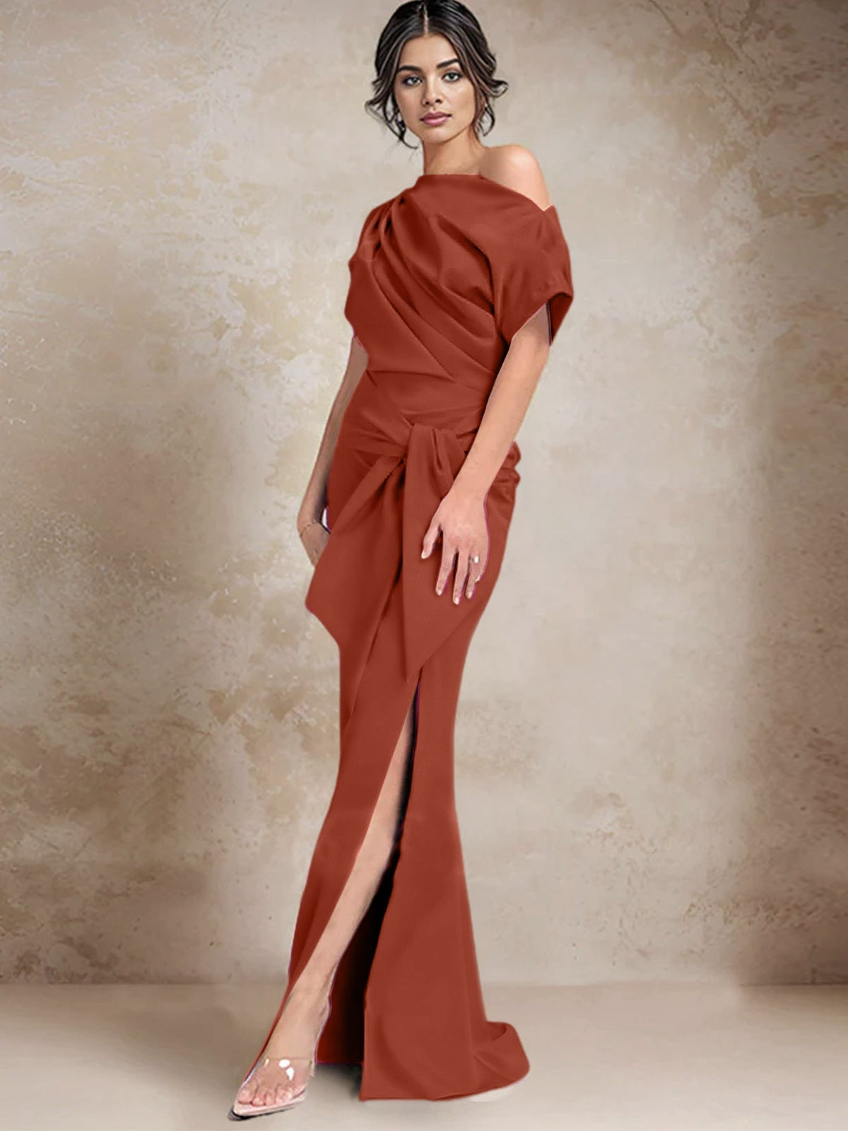 One Shoulder Mermaid Trumpet Mother of the Bride Dress Featuring a Side Split