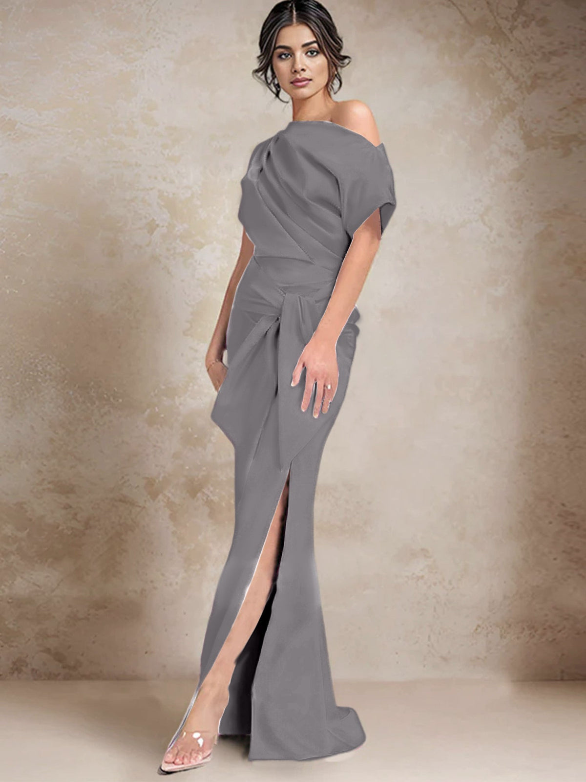 One Shoulder Mermaid Trumpet Mother of the Bride Dress Featuring a Side Split