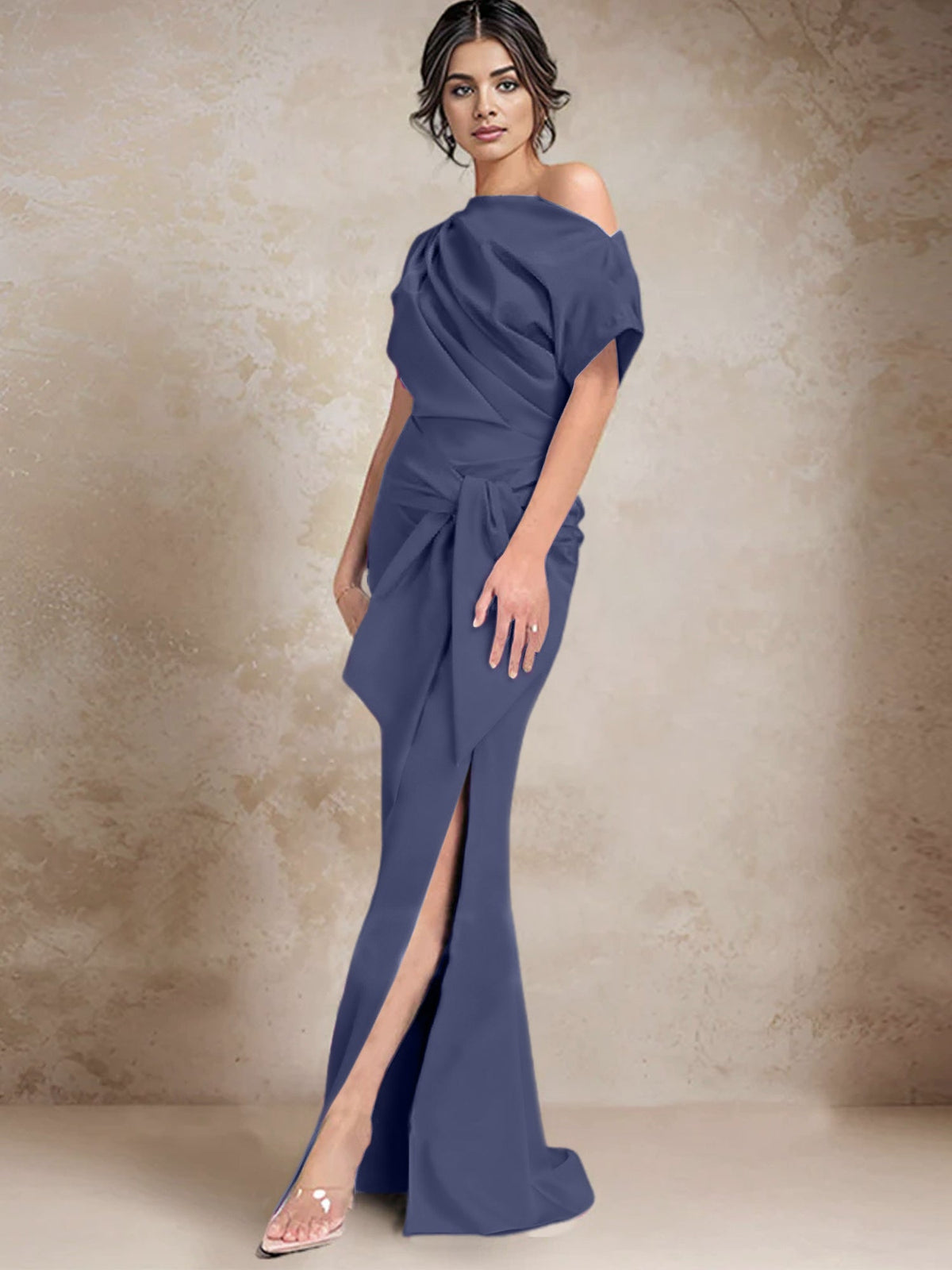 One Shoulder Mermaid Trumpet Mother of the Bride Dress Featuring a Side Split