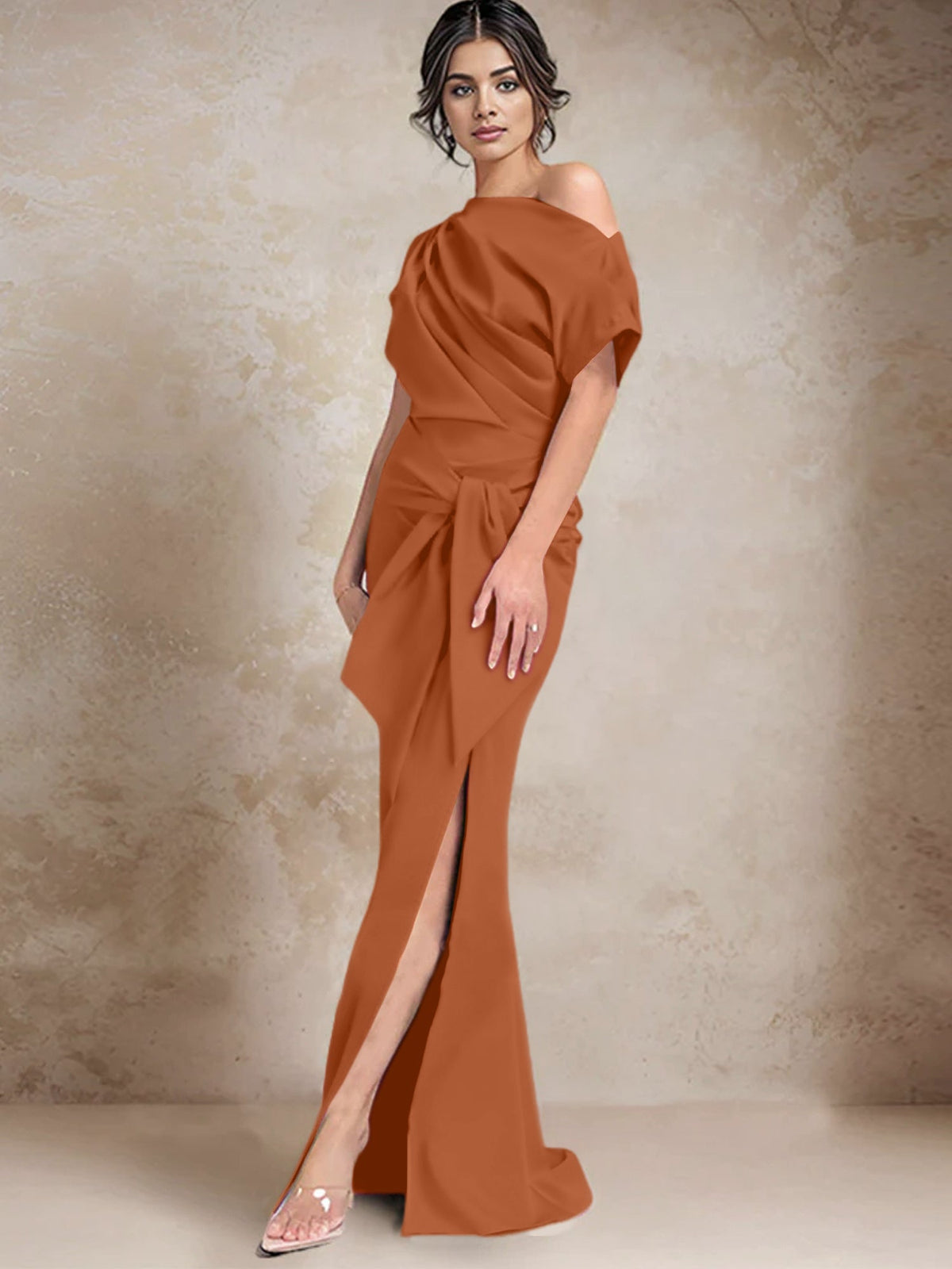 One Shoulder Mermaid Trumpet Mother of the Bride Dress Featuring a Side Split