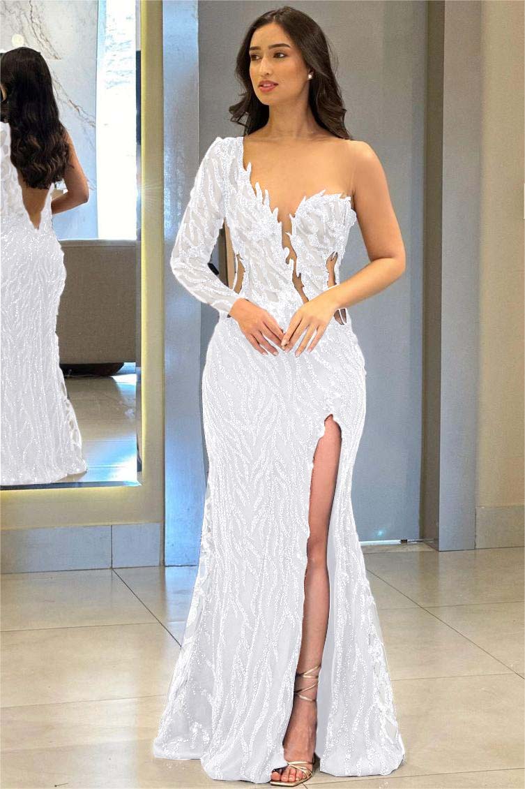 One Shoulder One Long Sleeve Backless Mermaid Split Evening Formal Dress With Appliques