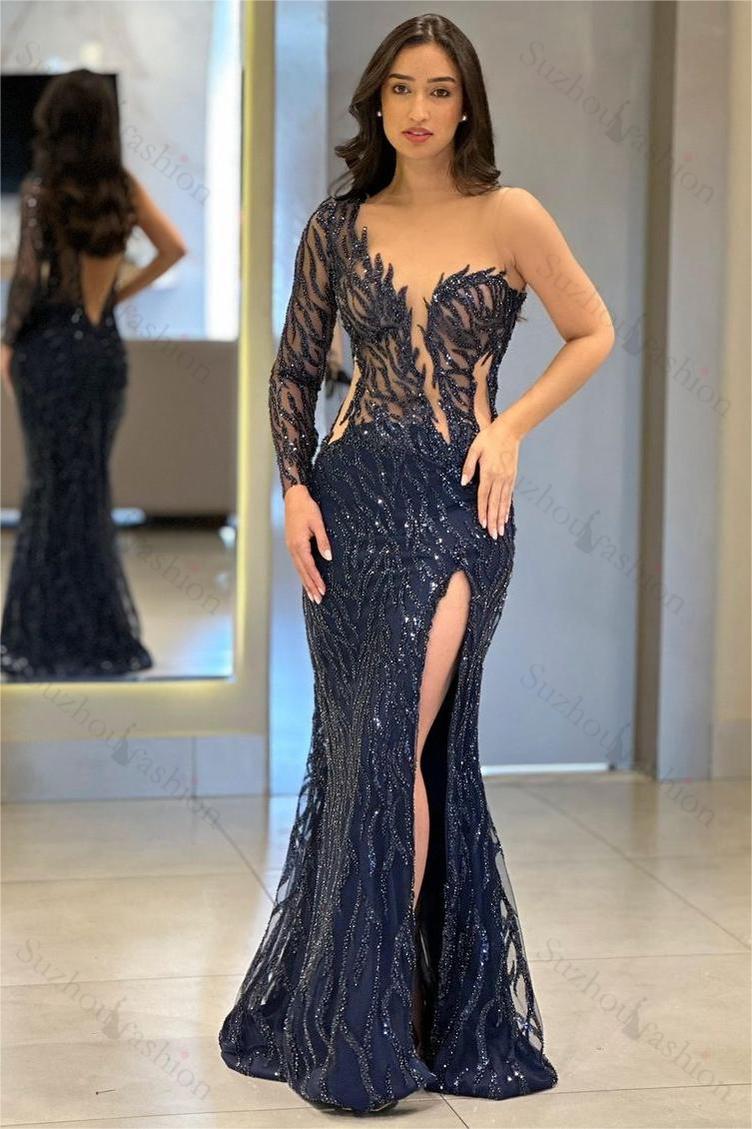 One Shoulder One Long Sleeve Backless Mermaid Split Evening Formal Dress With Appliques