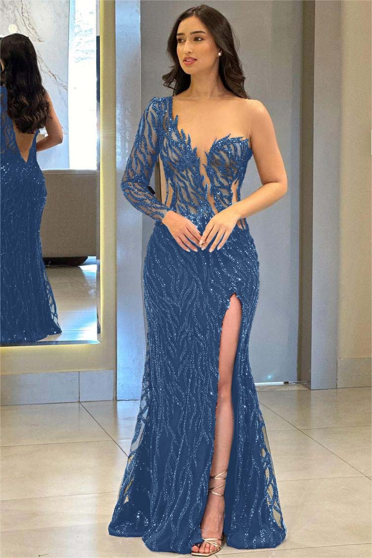 One Shoulder One Long Sleeve Backless Mermaid Split Evening Formal Dress With Appliques