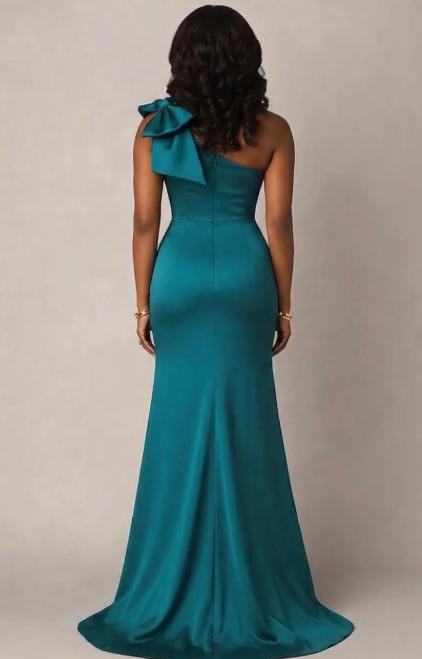 One Shoulder Peacock Satin Long Formal Dress With Bowknot