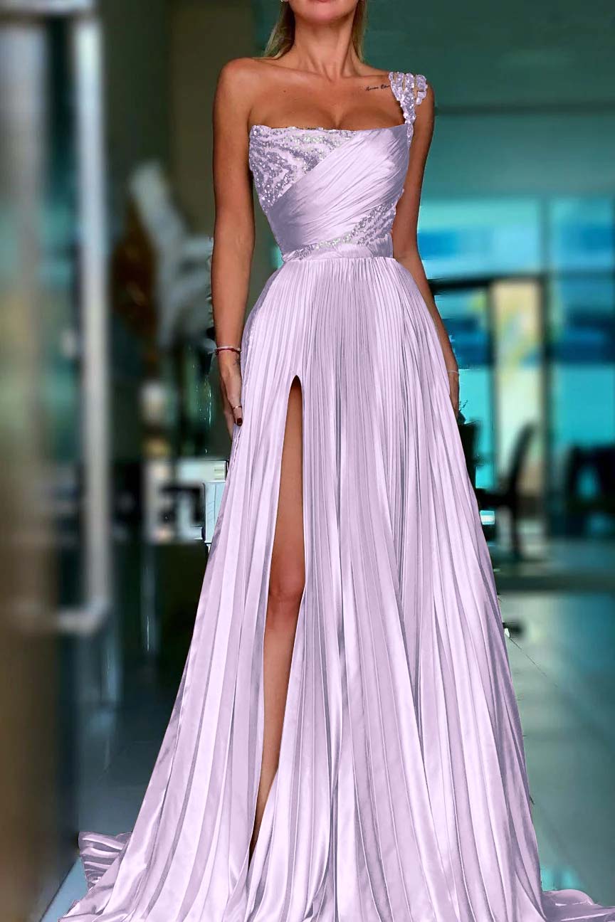 One Shoulder Prom Dress Gold Sequined Sleeveless Long Evening Formal Dress With High Split