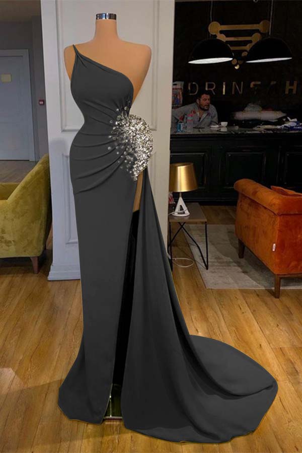 One Shoulder Prom Dress Green Sleeveless Mermaid Long Evening Formal Dress With Split