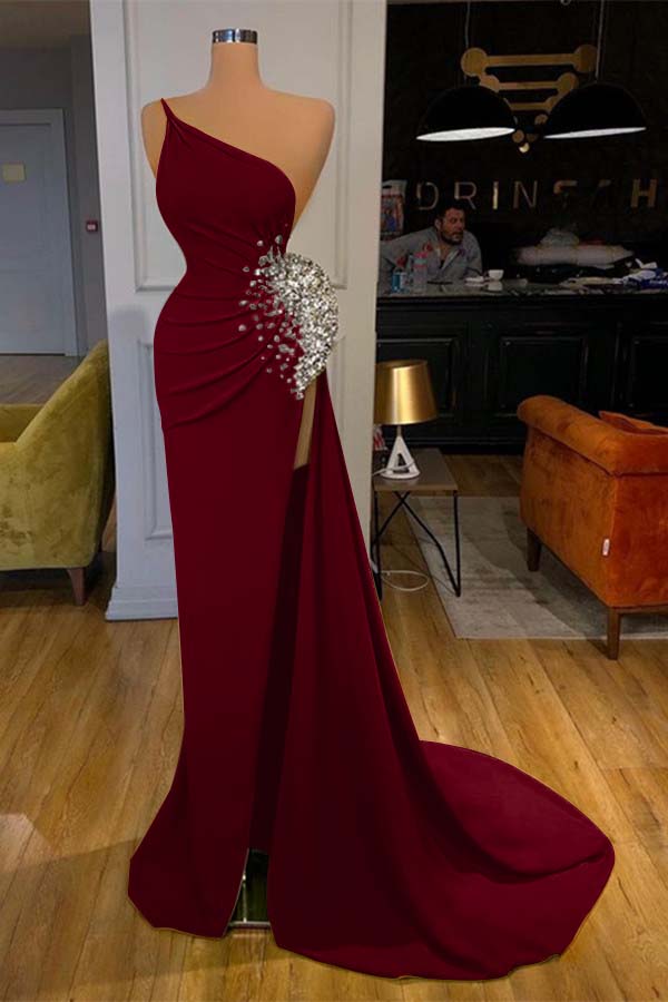 One Shoulder Prom Dress Green Sleeveless Mermaid Long Evening Formal Dress With Split
