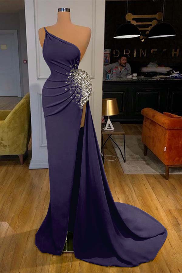 One Shoulder Prom Dress Green Sleeveless Mermaid Long Evening Formal Dress With Split