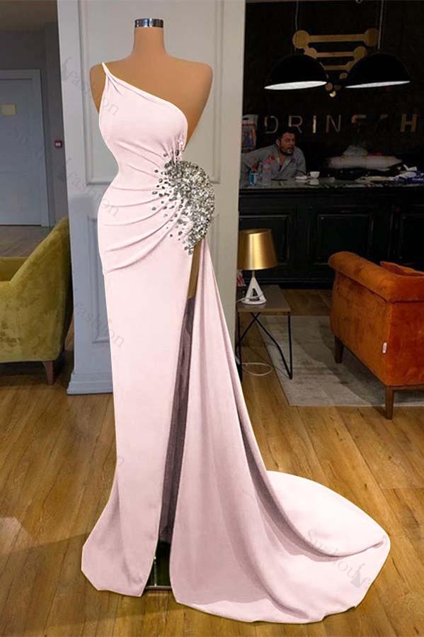 One Shoulder Prom Dress Green Sleeveless Mermaid Long Evening Formal Dress With Split