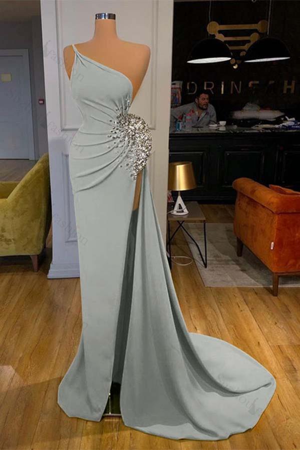 One Shoulder Prom Dress Green Sleeveless Mermaid Long Evening Formal Dress With Split