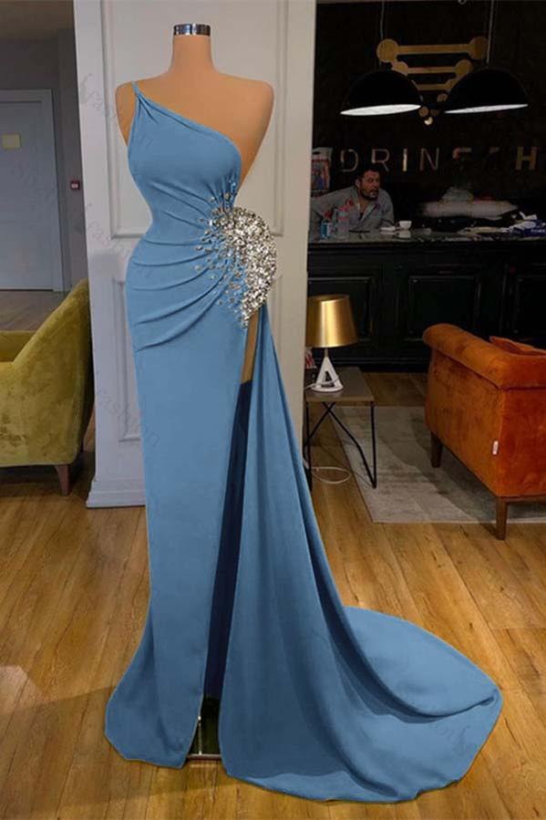 One Shoulder Prom Dress Green Sleeveless Mermaid Long Evening Formal Dress With Split