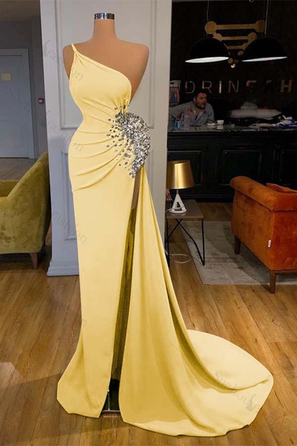 One Shoulder Prom Dress Green Sleeveless Mermaid Long Evening Formal Dress With Split