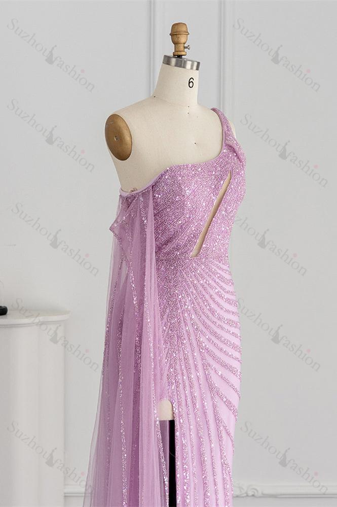 One Shoulder Prom Dress Mermaid Evening Formal Dress Split With Sequins